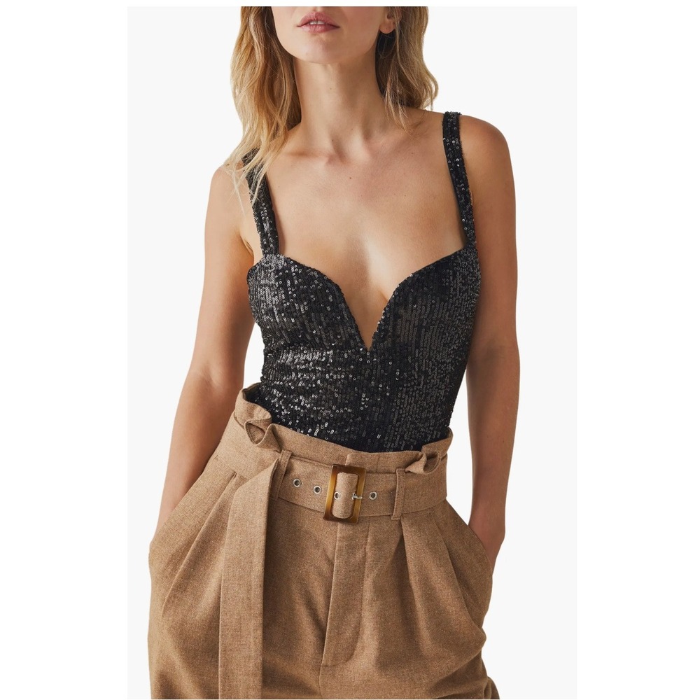 Free People Black Sparks Fly Sequin Bodysuit Sequin V-Neck Thong Sm Straps x123